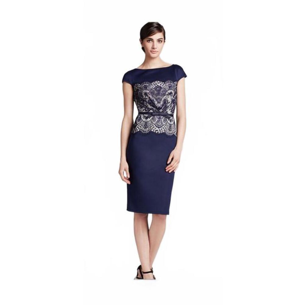 Tadashi Shoji Elegant Black Cocktail Dress With Lace Detail Boat Neck Size 4